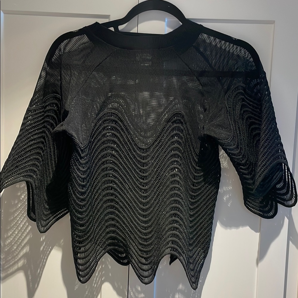 Gracia Black Crew Neck Sweater with Wavy Mesh Design
